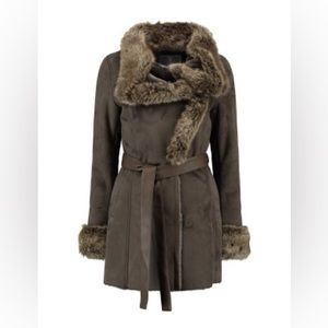 Alaska Faux Shearling Fur Coat w Fur Cuff & Belt in Taupe Brown, Rino & Pelle